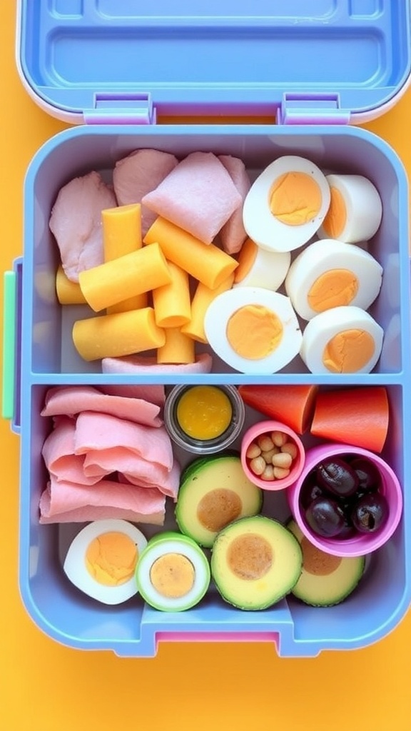 Carnivore Kids Lunch Box Ideas A kid-friendly carnivore lunch box with turkey, cheese, eggs, and avocado.